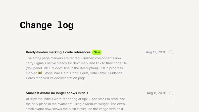 Change log page with dated entries